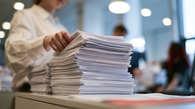 A person in a white shirt holds a large stack of printed documents in a modern office with blue-toned lighting. The stacked papers sit on a desk with blurred colleagues in the background.