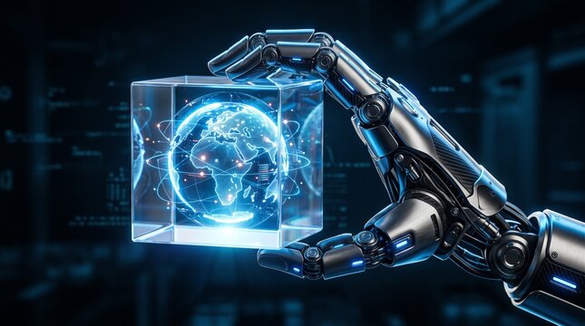 Robotic hand holding a glowing cube with a digital planet inside