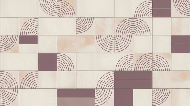 Geometric pattern tile wall with beige and plum purple arched line arcs and generated using ai
