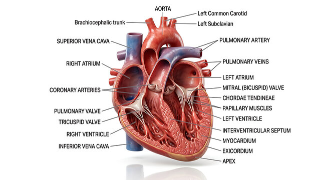 Anatomical Heart Cross-Section Illustration, Detailed Medical Diagram, Cardiovascular System Study