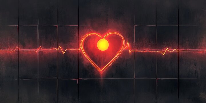 Neon Red Ekg Rhythm Heart Pulse Line Visualization on Dark Gridded Screen Background Concept Image