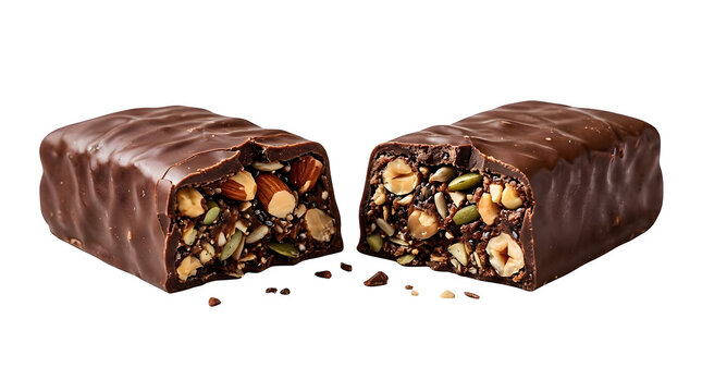 Delicious chocolate coated energy bar broken in half revealing mixed nuts and seeds inside with protein bar nut snack chocolate coating seed bar