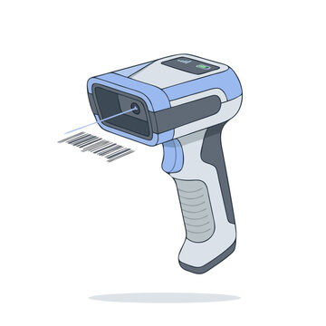 Wireless barcode reader scanning code with blue laser beam vector illustration