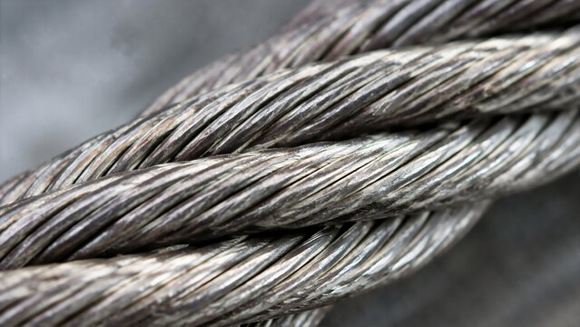Braided steel cable in macro close-up view. Heavy duty twisted wire rope for industrial rigging and towing