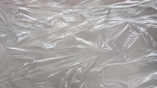 Wrinkled transparent cellophane wrap texture. Clear plastic film surface for food packaging and protective overlay