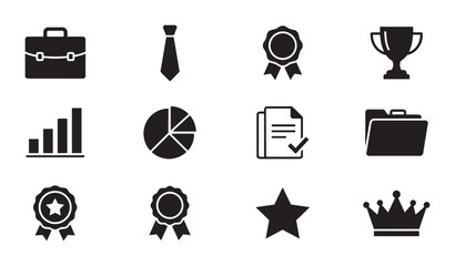 Fototapeta premium Business Achievement Icons Set: Briefcase, Tie, Award Ribbons, Trophy, Chart, Pie Chart, Document, Folder, Star, Crown, Vector Graphics for Success Concepts