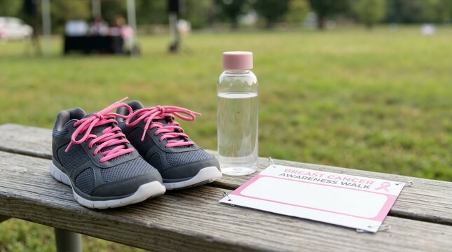Running shoes and water bottle beside breast cancer awareness walk bib on a park bench. Charity race participation and health event concept