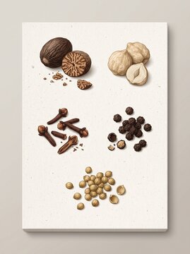 Clean educational vector illustration identifying coriander, candlenut, pepper, clove and nutmeg for culinary guides, spice catalogs, food education and packaging design.