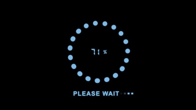 Loading indicator animation shows circular percentage text. Software buffering updates on the loading indicator. Digital user waiting progress runs on this indicator.