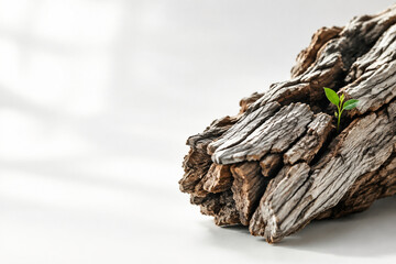 Fototapeta premium Gnarled tree bark slab with green shoot emerging, resilience and renewal concept