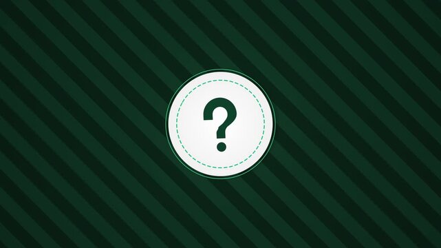 Motion graphic animation of a green question mark symbol inside a dotted circle with pixelated border on dark striped background, loop