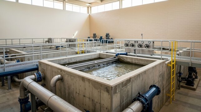 Rapid sand filter basins inside a water treatment plant. Industrial water filtration facility with concrete tanks, piping systems, and control valves