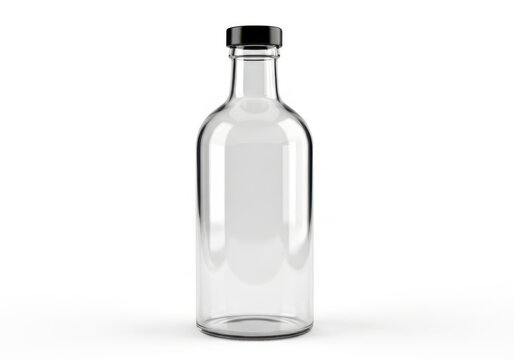 Empty transparent glass bottle with black screw cap for liquid product storage