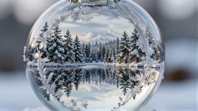 Snowy forest and mountain reflected in a frosty glass globe, serene winter scene.