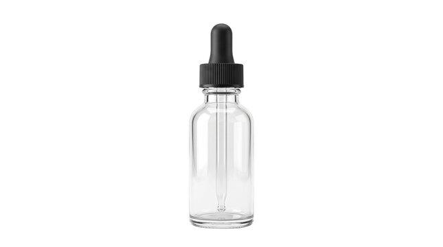 Clear glass dropper bottle mockup, empty cosmetic vial with black pipette, transparent medicine container for essential oils and beauty serums