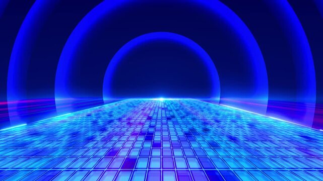 Circular portals frame radiant digital runway extending immersive blue environment. science fiction, cyber presentations, virtual reality, product reveals, electronic concerts futuristic background.