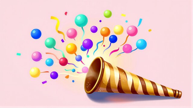 Colorful balloons burst from a striped candy horn against a soft pink background.