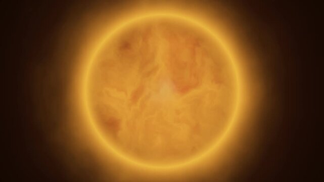 Massive glowing red giant star with swirling plasma surface, cosmic sun loop background. Glowing cosmic red giant star with animated surface flare