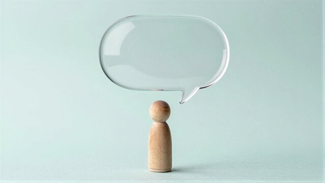 Wooden figure with empty glass speech bubble above, symbolizing silent communication.