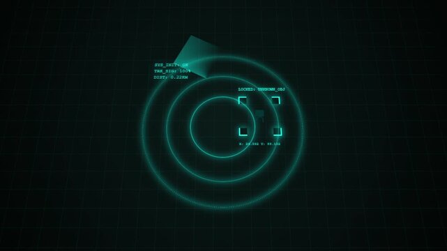 Futuristic radar interface scanning and tracking target on dark grid background