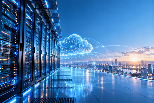 AI cloud computing network above futuristic data center