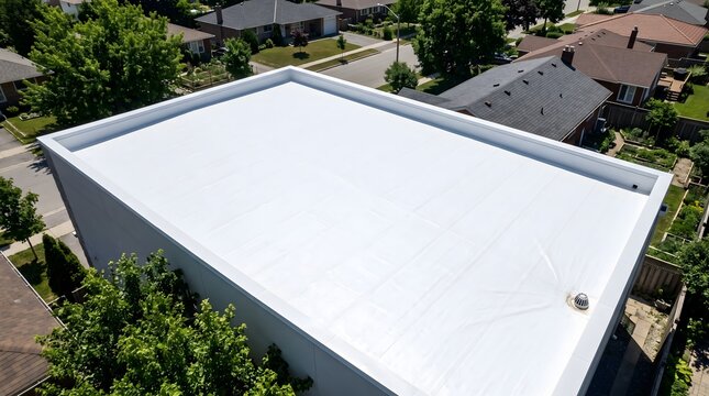 Oblique aerial view of a flat residential roof covered in a bright white reflective coating, useful for passive cooling, heat adaptation and energy-efficiency content.