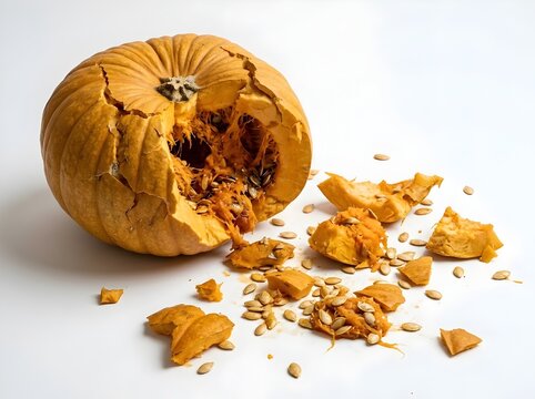 Smashed Pumpkin Broken into Many Chunks with Scattered Seeds and Fibrous Pulp on White Background