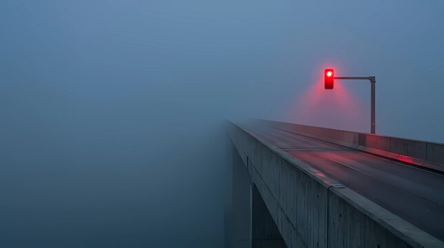 Brutalist concrete bridge vanishing into freezing fog with glowing red traffic signal, Halloween existential dread and suspense concept with vast clean copy space   
