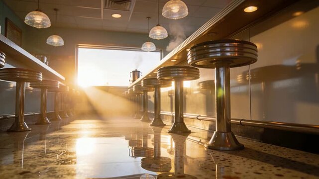 Sunbeam slicing window, chrome stools counter casting glow on terrazzo in diner