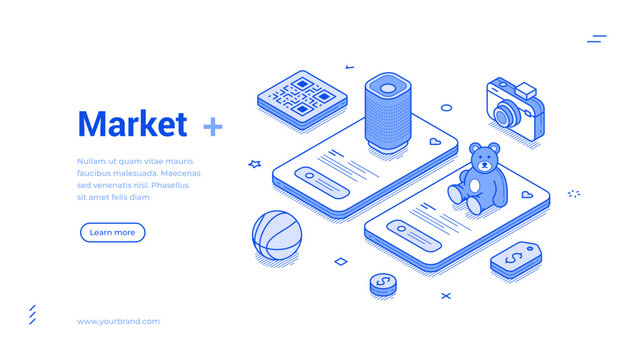 Isometric banner template for a digital marketplace. E-commerce concept showing various goods like electronics and toys on smartphone screens. For modern web design and online retail promotion
