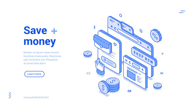 Modern isometric banner template for financial savings and online shopping. Vector illustration of e-commerce concept. Line art design for a digital store cashback or discount landing page
