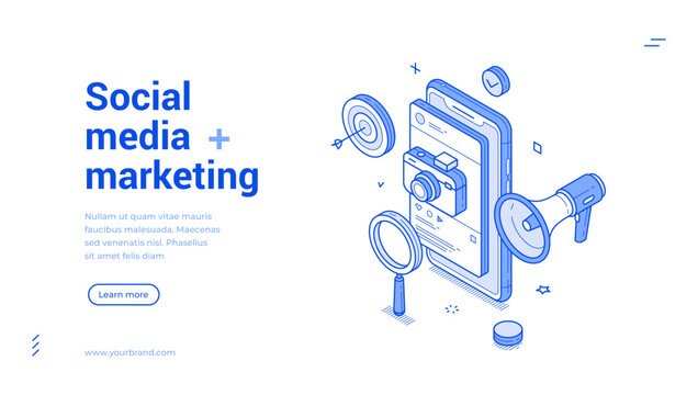 Social media marketing and SMM isometric banner template. Digital content promotion concept for mobile app. Modern vector illustration for business advertising and audience targeting