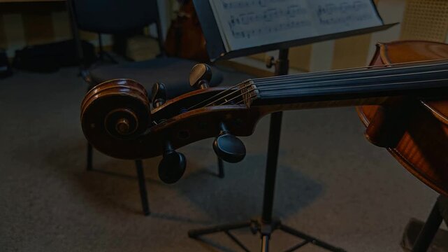 Capturing carved scroll and pegbox while camera shifting focus in rehearsal room with sheet music