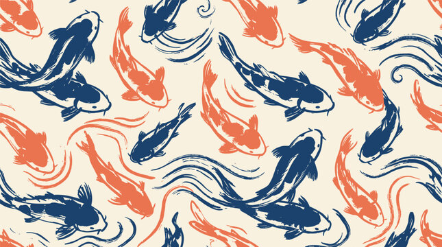 Seamless Vintage Hand Painted Koi Fish Pattern with Artistic Blue and Orange Brushwork Illustration