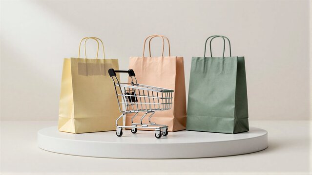 Shopping bags and mini cart on a pedestal, minimalist retail scene.