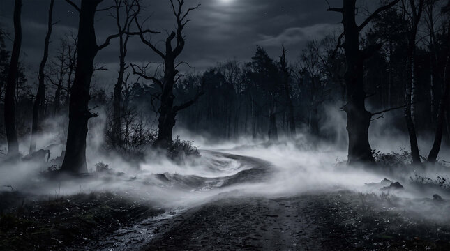 Ground Fog Overlay Hazy Mist In Dark Forest Landscape