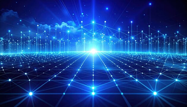 Abstract glowing network of connected dots and lines over deep navy blue gradient, featuring advanced data technology concept background graphics, digital connectivity, and futuristic cyberspace.