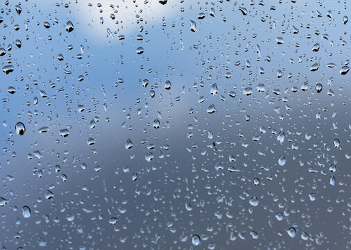 Raindrops cling to a window pane
