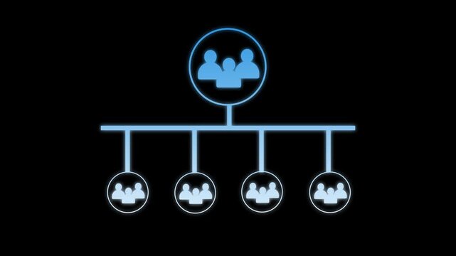 Organizational chart animation shows corporate user avatars. Staff hierarchy management guides the chart animation. Workflow administration uses this organizational chart.