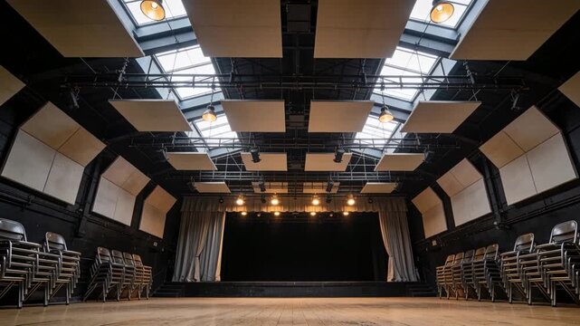 Moving camera rolling toward proscenium stage for rehearsal on worn floor, lit strip