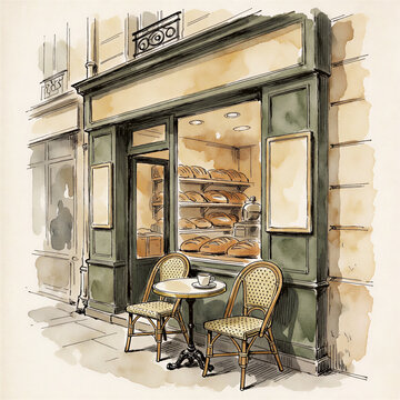 Line and wash watercolor sketch of Parisian bakery with outdoor cafe tables
