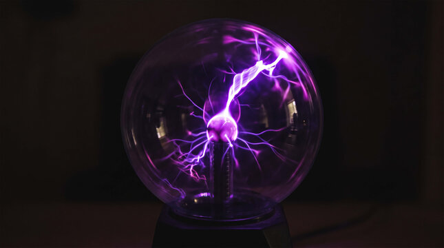 Plasma Ball Discharging Electric Purple Energy Against Dark Background