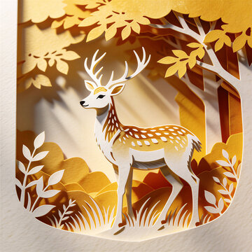 Layered papercraft illustration of deer in golden autumn forest shadowbox