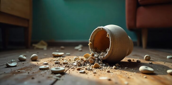 A shattered vase lies on the floor amidst scattered objects, suggesting a recent eruption of domestic conflict and unresolved tension , interior, room