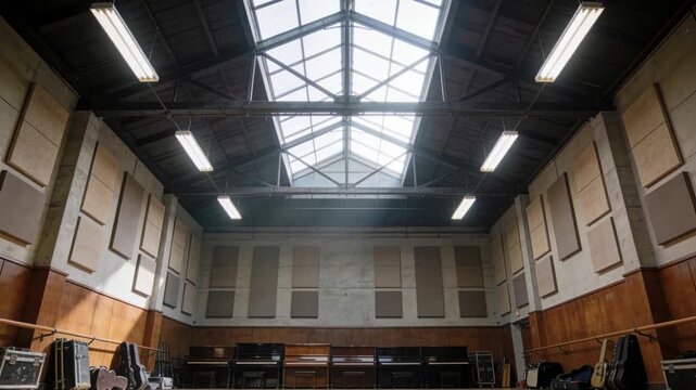 Showing central empty wooden floor catching skylight shift in rehearsal hall, with upright pianos
