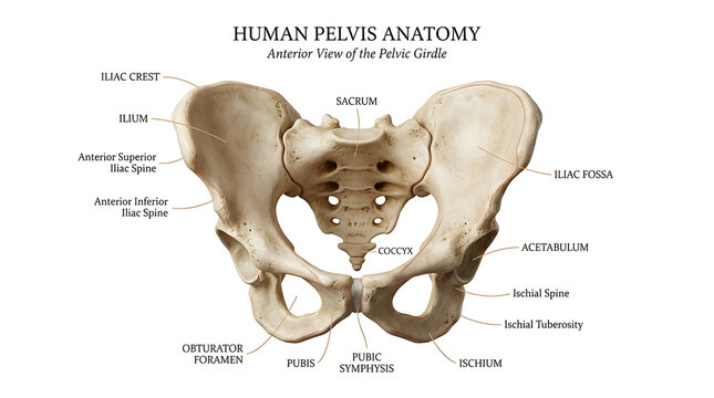 Human Pelvis Anatomy Chart, Anterior View of the Pelvic Girdle Illustration Featuring Skeleton, Bone