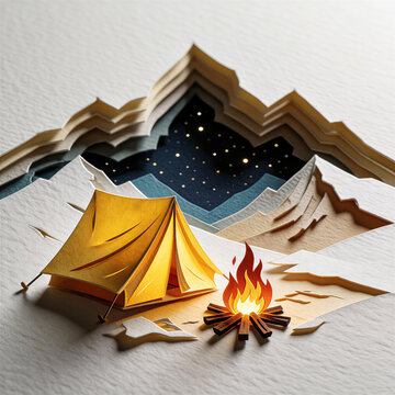 3D paper cutout shadowbox of mountain camping tent and campfire under stars