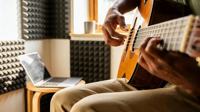 Recording starting, guitarist in green shirt picking and fretting guitar in studio, laptop on stool