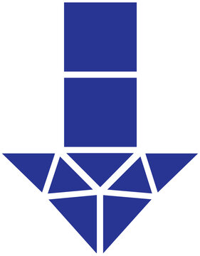 Navy blue geometric mosaic arrow down downward direction icon isolated on transparent PNG background