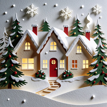 Layered papercraft shadowbox of festive Christmas village in snowy landscape